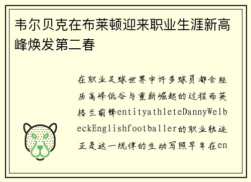 韦尔贝克在布莱顿迎来职业生涯新高峰焕发第二春 韦尔贝克在布莱顿迎来职业生涯新高峰焕发第二春